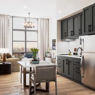 Modern kitchen and living area with natural light and elegant decor.