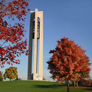 A tall bell tower stands amidst colorful autumn trees under a clear blue sky.