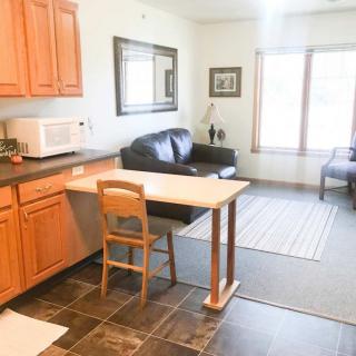 A cozy open-concept kitchen and living area with a small table, chair, and sofa.