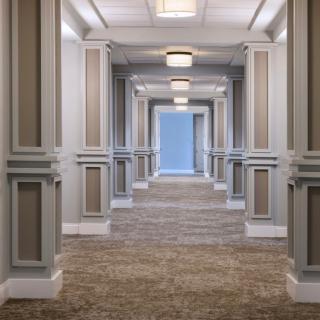 A well-lit, elegantly designed hallway with ornate columns and a carpeted floor.