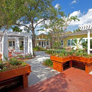 A peaceful garden with benches, plants, and a pergola, set among trees and walkways.