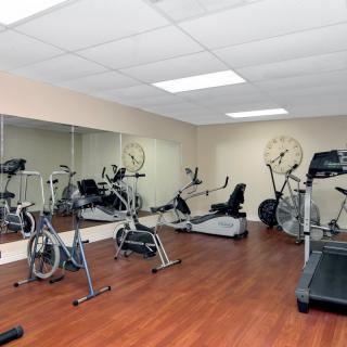 A modern gym with various exercise equipment, including treadmills and stationary bikes.