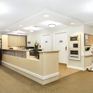 A modern reception area with clean and minimalistic design.