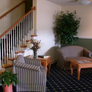 A cozy living area featuring comfortable seating, a staircase, and decorative plants.