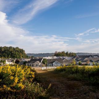 A picturesque view of a countryside village with houses nestled among lush greenery under a clear blue sky.