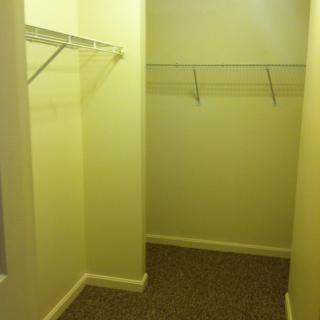 An empty walk-in closet with wire shelves and a carpeted floor.