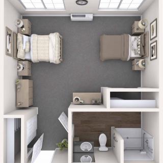 Top view of a bedroom with twin beds and an adjoining bathroom.