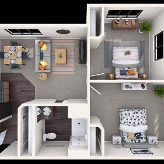 A detailed floor plan of a two-bedroom apartment with a living room, kitchen, and bathroom.