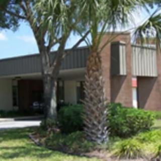 A single-story brick building surrounded by palm trees and greenery.