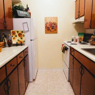A cozy kitchen with wooden cabinets, a fridge, and an oven, decorated with floral accents.