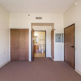 An empty room with a carpeted floor, wooden doors, and a visible closet.