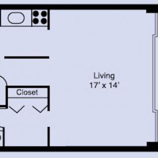 Studio apartment floor plan with living area and kitchen.