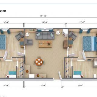 A detailed floor plan of a two-bedroom apartment featuring a central living room and organized furniture layout.