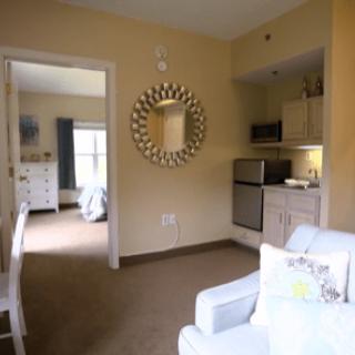 A cozy apartment interior featuring a living area with a small kitchenette and decorative mirror.