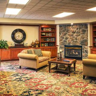 A cozy living room with sofas, a fireplace, and decorative bookshelves.