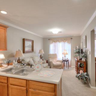 A cozy living room with an open floor plan connecting to a kitchen, featuring warm-toned furniture and elegant decor.