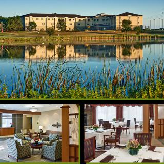 A serene lakeside building with elegant interior lounge and dining areas.