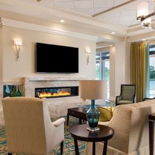 Modern living room with a fireplace and television, featuring stylish seating and elegant decor.