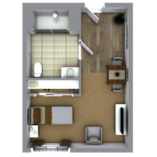 A compact studio apartment floor plan showcasing the arrangement of living, sleeping, and kitchen areas.