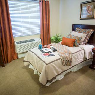 A cozy bedroom with a single bed featuring orange accents, a window with blinds, and an indoor plant.
