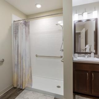 A modern bathroom with a shower area, vanity, and mirror.