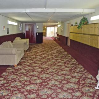 A hallway with patterned carpet, sofas, and lighting fixtures.