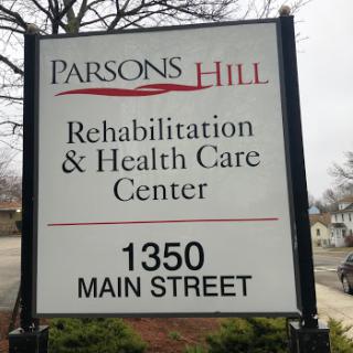 Sign for Parsons Hill Rehabilitation & Health Care Center located at 1350 Main Street.