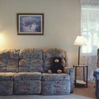A cozy living room featuring a patterned sofa, a small teddy bear, and two lamps providing warm lighting.