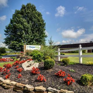 A beautifully landscaped garden with vibrant red flowers and a large tree in the background, featuring a sign and white fence.