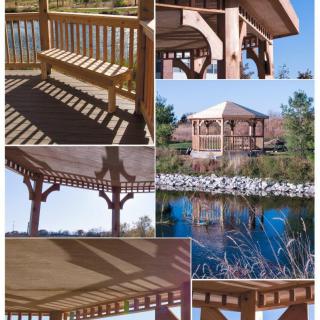 A beautifully designed wooden gazebo offering relaxing outdoor seating by a lake.