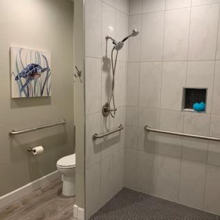 A modern bathroom featuring a walk-in shower with handrails and a toilet, complemented by wall art and tiled flooring.