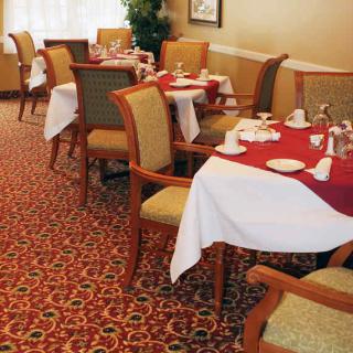 An elegantly arranged dining room with tables set and chairs neatly positioned.