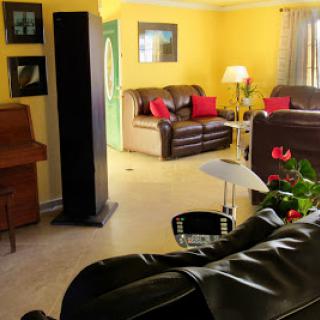 A cozy and inviting living room with yellow walls, comfortable sofas, and decorative touches.