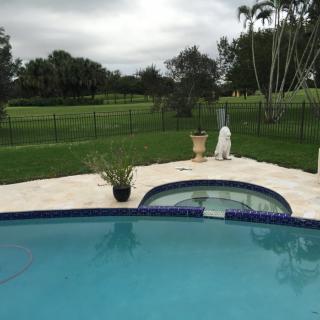 A backyard view with a swimming pool and lush greenery.