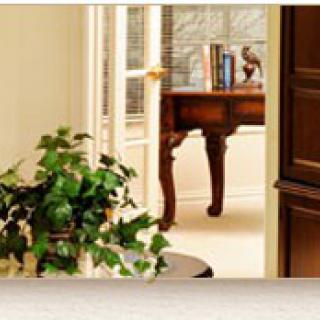 A cozy interior with a houseplant, wooden table, and open door.
