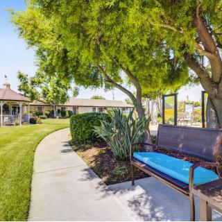 A scenic park featuring a curved pathway, a bench with blue cushions, lush green grass, and a gazebo in the background.
