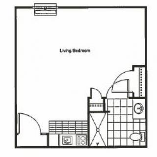 Studio apartment floor plan with combined living and bedroom area.