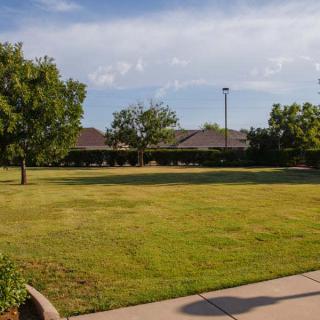 A peaceful park with green grass and trees in a residential area.