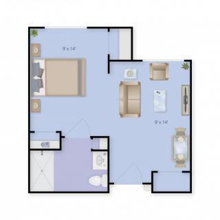 A floor plan of a studio apartment showing the layout with a bedroom, living area, kitchen, and bathroom.