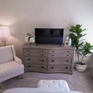 A cozy living room setup featuring a dresser with a TV, an armchair, and indoor plants.