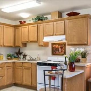 A cozy kitchen with wooden cabinets, a stove, and decorative plants.