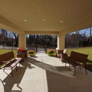 A serene outdoor seating area with benches, bathed in sunlight, leading to a landscaped entrance.