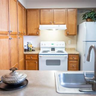 A modern kitchen with wooden cabinets, a white stove, and a refrigerator.