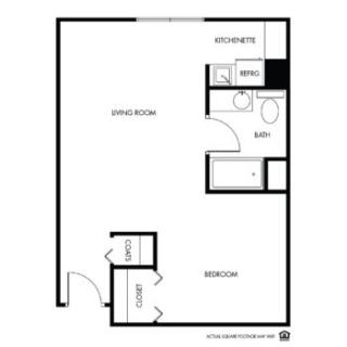 A floor plan of an apartment with one bedroom, a living room, kitchen, and bathroom.