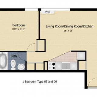 Floor plan of a one-bedroom apartment with combined living, dining, and kitchen area.