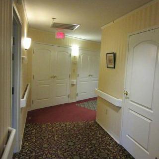 A well-lit hallway with carpeted flooring and multiple doors.