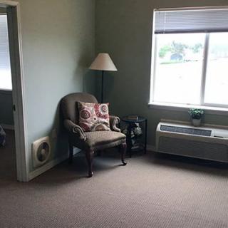 A quiet room with a chair, lamp, and window.