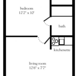 A floor plan depicting a small apartment with a bedroom, living room, kitchenette, and bathroom.