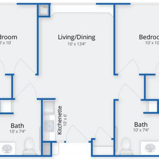 Floor plan of a two-bedroom apartment with living/dining area and two bathrooms.