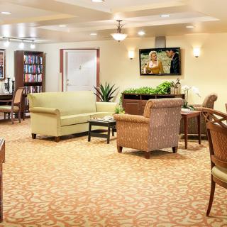 A cozy and well-furnished living room with a sofa, chairs, and a library area.